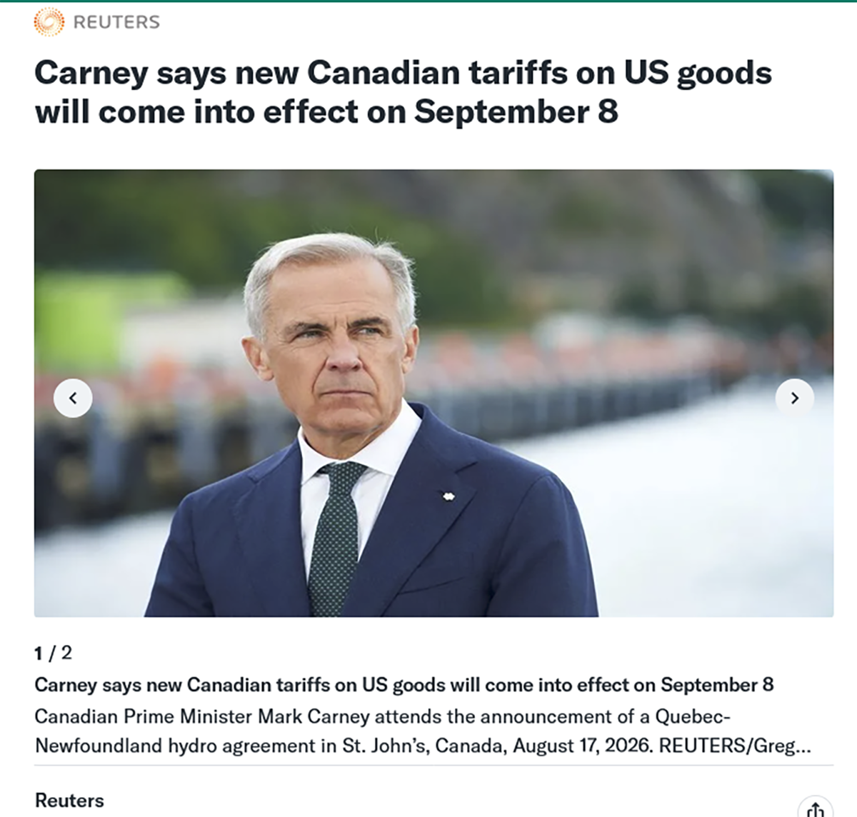 Screen capture of the Reuters news feed featuring a photo of Canadian Prime Minister Mark Carney in St John's, Newfoundland, Canada. Photo by Greg Locke for Reuters.